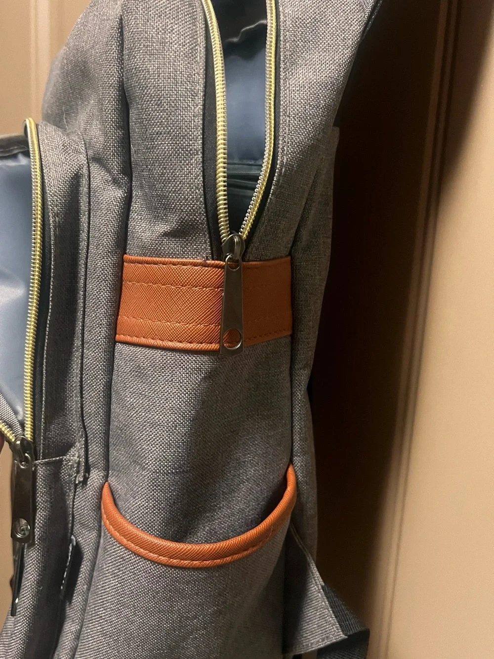 Wenjie Gray Canvas Backpack Brown Faux Leather Trim